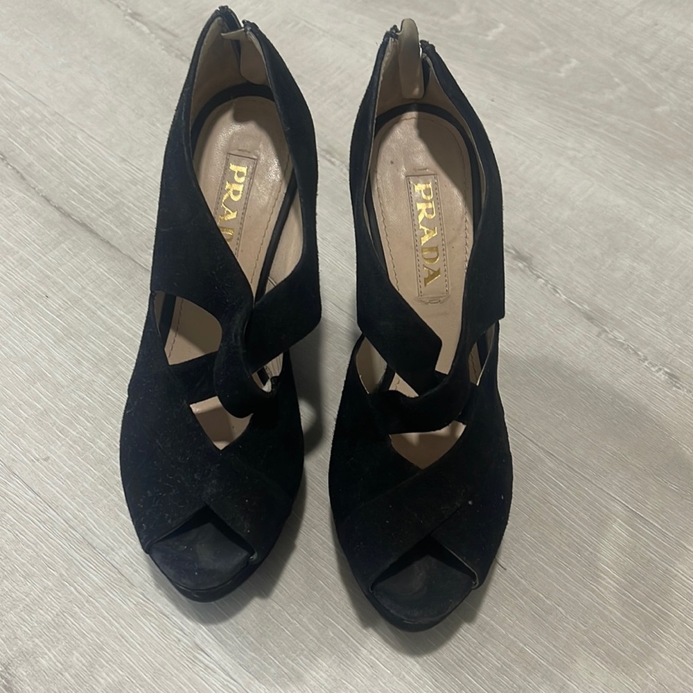 Authentic Prada Black Suede Wedges | Size 36.5 EU / Size 6.5 US